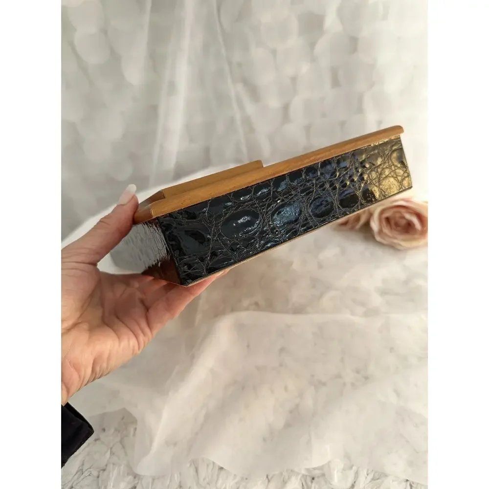 Vintage Jewelry Valet Black Genuine Leather CROC Embossed Wood Unisex Made Italy